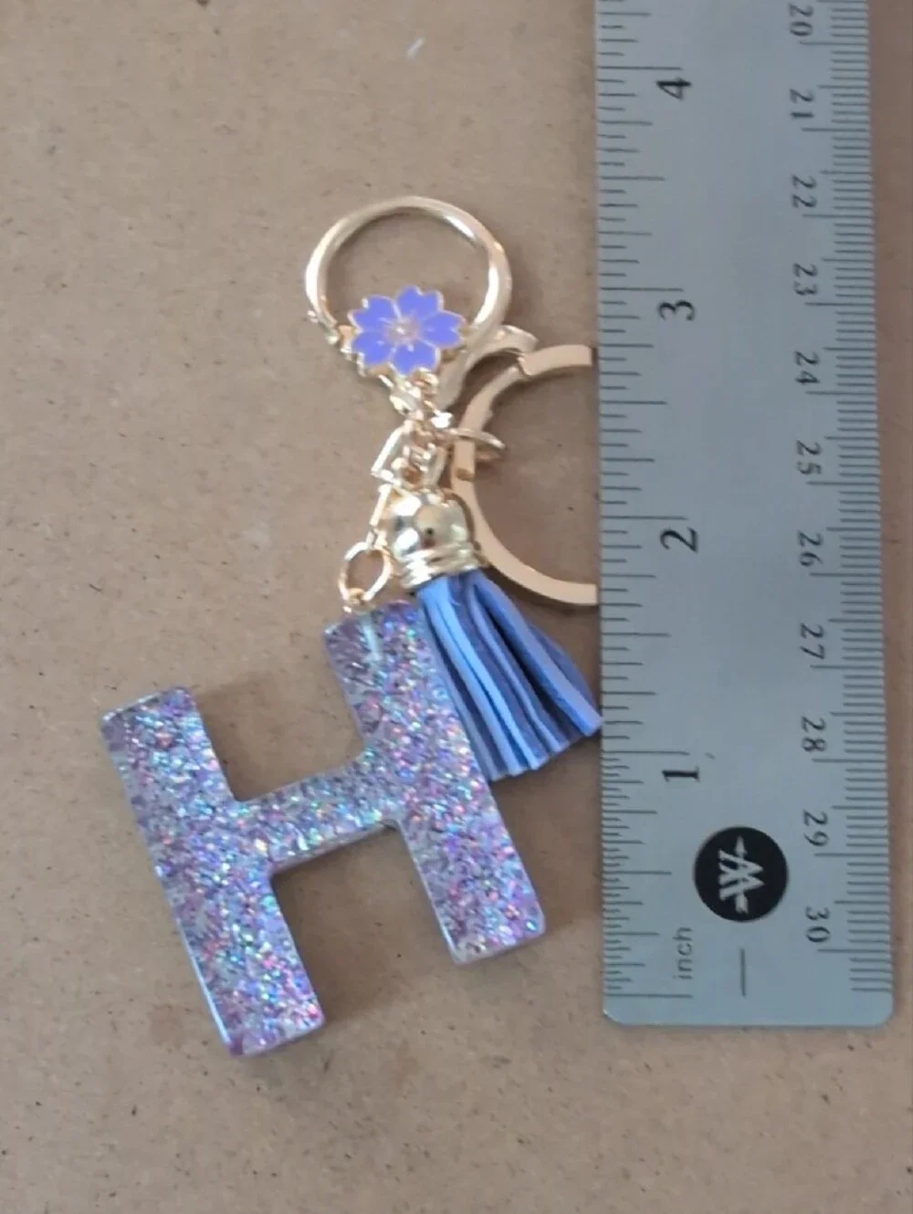 Glitter Purple 'H' Letter Keychain with Tassel and Flower Charm
